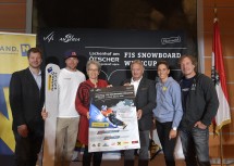 Im Bild von links nach rechts: Andreas Buder von der Ötscherlift-Gesellschaft, Snowboarder Benjamin Karl, Landesrätin Petra Bohuslav, ÖSV-Sportdirektor Hans Pum, OK-Chefin Michaela Dorfmeister und ÖSV-Snowboard-Chef Christian Galler.