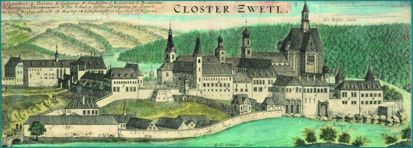 Kolorierter Kupferstich, Beschriftet "Closter Zwetl"