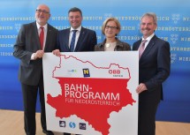 Im Bild: ÖBB-Vorstandsvorsitzender Andreas Matthä, Bundesminister Jörg Leichtfried, Landeshauptfrau Johanna Mikl-Leitner und Landesrat Karl Wilfing (v. l. n. r.).