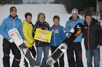 Vorfreude auf den Snowboard-Weltcup am Jauerling am 10. Jänner 2014: der große Jauerling-Triumphator 2012 Andreas Prommegger, Dr. Michaela Stefan von Raiffeisen NÖ-Wien, Landesrätin Dr. Petra Bohuslav, Herta Mikesch, Präsidentin des Landesskiverbandes NÖ, Lokalmatador Benjamin Karl und Mag. Christian Galler, Sportlicher Leiter Snowboard Austria (v.l.n.r.)