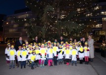 Landtagsabgeordneter Christoph Kaufmann, der Klosterneuburger Bürgermeister Stefan Schmuckenschlager, LH-Stellvertreter Franz Schnabl, die 3. Präsidentin des NÖ Landtages Karin Renner, Probst Bernhard Backovsky und Landeshauptfrau Johanna Mikl-Leitner (v.l.n.r.) mit dem Kinderschor der Volksschule Klosterneuburg und Betreuerinnen. Der Baum, eine Spende der Stadtgemeinde Klosterneuburg und aus dem Besitz von Frau Margarethe Dietschy, ist eine 26 Meter hohe, 80 Jahre alte und einen Stammdurchmesser von rund 95 Zentimetern aufweisende Fichte.