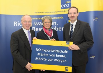 Der Westen als weiterer Hoffnungsträger für Niederösterreichs Exportwirtschaft: Ecoplus-Geschäftsführer Mag. Helmut Miernicki, Landesrätin Dr. Petra Bohuslav und Dr. Christian Helmenstein vom Economica Institut für Wirtschaftsforschung (v.l.n.r.)