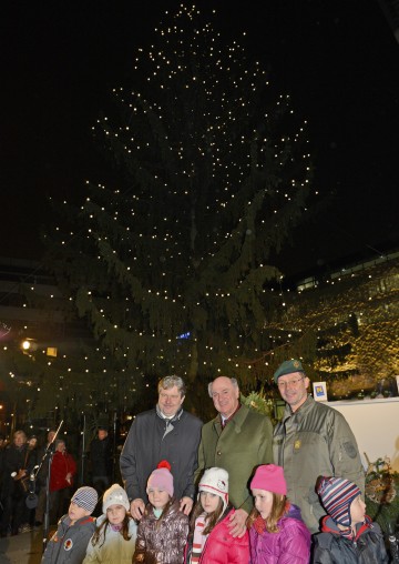 Landeshauptmann Dr. Erwin Pröll mit Hypo-Gen.Dir. Dr. Peter Harold bei der Illuminierung des Landhaus-Christbaumes in St. Pölten