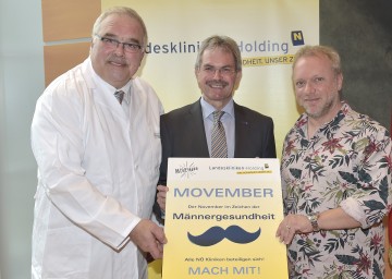 Die Aktion \"Movember\" im Zeichen der Männergesundheit. Im Bild von links nach rechts: Professor Eckart Breinl, Leiter der Klinischen Abteilung für Urologie und Andrologie am Universitätsklinikum St. Pölten, Landesrat Mag. Karl Wilfing und Kabarettist Reinhard Nowak, NÖ-Testimonial der Aktion \"Movember\".