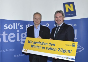 Verkehrslandesrat Karl Wilfing und NÖVOG Geschäftsführer Gerhard Stindl ziehen Bilanz über die Wintersaison im Salamander Schigebiet und auf der Gemeindealpe Mitterbach und geben einen Ausblick auf weitere Investition sowie auf die Sommersaison. (v.r.n.l.)