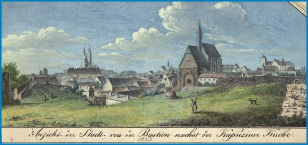 Kolorierte Umrissradierung, Beschriftet: Ansicht der Stadt von der Bastion naechst der Kapuziner Kirche