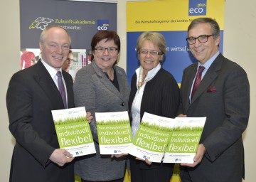 Im Bild von links nach rechts: ecoplus-Geschäftsführer Mag. Helmut Miernicki, ecoplus-Aufsichtsratsvorsitzende-Stellvertreterin Michaela Hinterholzer, Landesrätin Dr. Petra Bohuslav und Dr. Andreas Ludwig, Obmann Verein Zukunftsakademie Mostviertel und CEO Umdasch Group AG