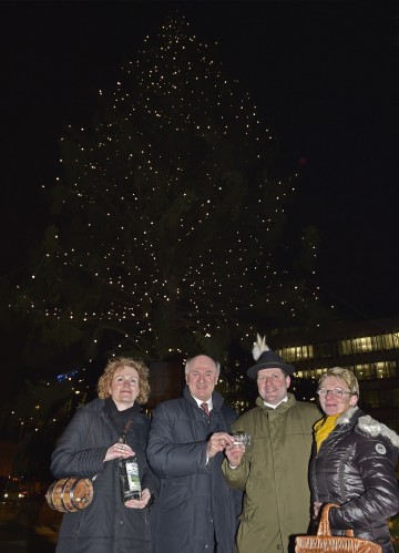 Illuminierung des Christbaumes vor dem NÖ Landhaus: Marketenderin des Musikervereines Kreuzberg, Landeshauptmann Dr. Erwin Pröll und Breitensteins Bürgermeister Engelbert Rinnhofer mit Gattin Manuela. (v.l.n.r.)