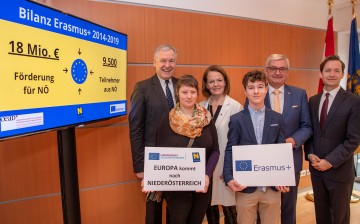 EU-Landesrat Martin Eichtinger, Jugendlandesrätin Christiane Teschl-Hofmeister, Gemeindebundpräsident Alfred Riedl und OeAD-Geschäftsführer Jakob Calice, im Bild mit den beiden Jugendlichen Mojca Globočnik Šali und Janik Nicolini, zogen eine erfolgreiche Bilanz über das europäische Mobilitätsprogramm „Erasmus+“ (v.l.n.r.).