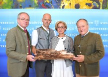 LH-Stellvertreter Stephan Pernkopf, Waldverbandsobmann Franz Fischer, Landeshauptfrau Johanna Mikl-Leitner und Landwirtschaftskammerpräsident Hermann Schultes (von links nach rechts).