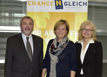 Fachtagung „Chancengleichheit in Niederösterreich“: Univ.-Prof. DI Dr. Friedrich Zibuschka, Landesrätin Mag. Barbara Schwarz, Landesrechnungshofdirektorin Dr. Edith Goldeband. (v.l.n.r.)