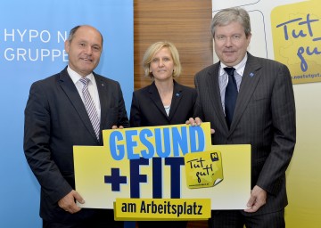 LHStv. Mag. Wolfgang Sobotka  informierte heute, 3. Juli, gemeinsam mit Mag. Barbara Baumgartner und Dr. Peter Harold (vlnr) von der HYPO NÖ in St. Pölten über das Thema „Gesund und fit am Arbeitsplatz“.