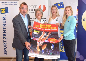 Meetingdirektor Gottfried Lammerhuber, Sportlandesrätin Petra Bohuslav, Ivona Dadic und Beate Schrott präsentierten das 11. Liese Prokop Memorial (v.l.n.r.)