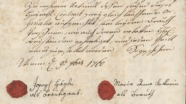 Ehevertrag Anna und Joseph Haydn 1760, Ausschnitt, Originalunterschriften und Siegel