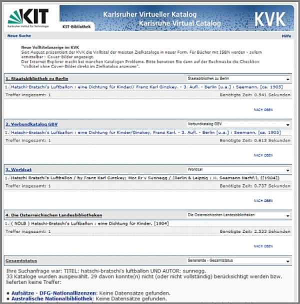 Karlsruher Virtueller Katalog - Trefferliste