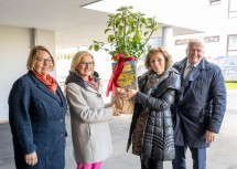 Bürgermeisterin Karin Baier, Landeshauptfrau Johanna Mikl-Leitner und Direktorin Regina Pfeil mit einem Apfelbaum, LH-Stellvertreter Franz Schnabl (v.l.n.r.)