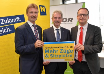 Informierten zu Fahrplanwechsel 2017/2018. Im Bild von links nach rechts: VOR-Geschäftsführer Wolfgang Schroll, Verkehrs-Landesrat Karl Wilfing, und ÖBB-Regionalmanager Michael Elsner