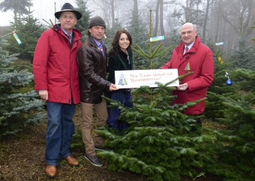 Aktion \"Mein Christbaum kommt aus Niederösterreich\" gestartet: Franz Raith, Obmann der ARGE NÖ Christbaumbauern, Sportexperte Frenkie Schinkels, Christbaumfan Kerstin Kittenberger, Landeshauptmann Dr. Erwin Pröll (v.l.n.r.)