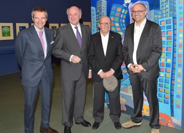 Der argentinische Botschafter Rafael Mariano Grossi, Landeshauptmann Dr. Erwin Pröll, Guillermo Mordillo und DI Gottfried Gusenbauer, Direktor des Karikaturmuseums, bei der Eröffnung der Mordillo-Ausstellung in Krems (von links nach rechts)