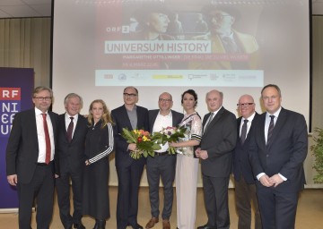 Bei der Präsentation: ORF-Generaldirektor Dr. Alexander Wrabetz, Produzent Dieter Pochlatko, ORF-Fernsehdirektorin Mag. Kathrin Zechner, Darsteller Markus Schleinzer, Regisseur Klaus Steindl, Darstellerin Ursula Strauss, Landeshauptmann Dr. Erwin Pröll, Historiker Dr. Stefan Karner und der Kaufmännische Direktor des ORF Mag. Richard Grasl (v. l. n. r.).