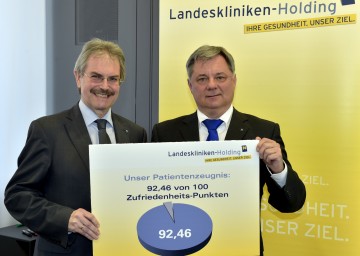 Patientenzeugnis von 92,46 von 100 Zufriedenheits-Punkten für die NÖ Landeskliniken: Landesrat Mag. Karl Wilfing und Dr. Markus Klamminger, stellvertretender Geschäftsführer der NÖ Landeskliniken-Holding. (v.l.n.r.)