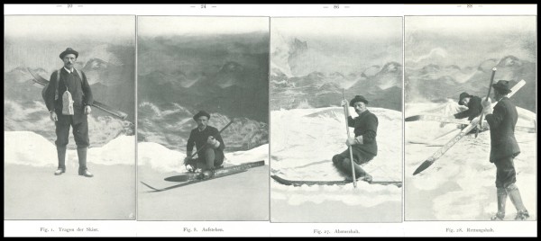 Figur 1, Tragen der Skier. Figur 8, Aufstehen. Figur 27, Absturzhalt. Figur 28, Rettungshalt