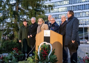 Christbaum-Illuminierung im Niederösterreichischen Landhaus: Alois Riegler, Bürgermeister von Furth an der Triesting, Landtagspräsident Karl Wilfing, Landeshauptfrau Johanna Mikl-Leitner, Landesrat Martin Eichtinger, Obmann Franz Gartner, Dritter Landtagspräsident a. D., Zweiter Landtagspräsident Karl Moser und St. Pöltens Bürgermeister Matthias Stadler (v.l.n.r.)