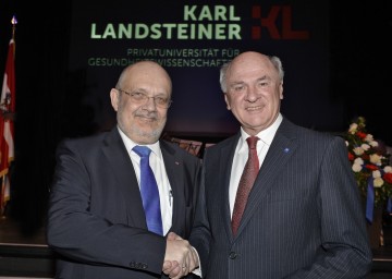 Landeshauptmann Dr. Erwin Pröll und Rektor Univ.Prof. Dr. Rudolf Mallinger bei der Inauguration des Rektorats der Karl Landsteiner Privatuniversität für Gesundheitswissenschaften in Krems.