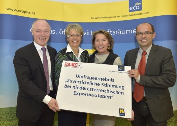 ecoplus Geschäftsführer Mag. Helmut Miernicki, Landesrätin Dr. Petra Bohuslav, Niederösterreichs Wirtschaftskammer-Präsidentin KommR Sonja Zwazl und Dr. David Pfarrhofer vom market Institut (v.l.n.r.) präsentierten die Umfrage zur Stimmungslage der niederösterreichischen Exportwirtschaft.