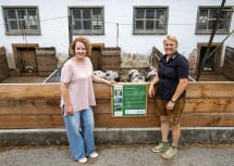 (v.l.n.r.): Bildungs-Landesrätin Christiane Teschl-Hofmeister und Direktorin Maria Ottenschläger mit den Turopolje-Schweinen.