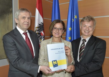 Den Budget-Voranschlag des Landes Niederösterreich für das Jahr 2017 präsentierte Landeshauptmann-Stellvertreterin Mag. Johanna Mikl-Leitner (Mitte) gemeinsam mit Budgetdirektor Rudolf Stöckelmayer und Dr. Reinhard Meißl, Leiter der Finanzabteilung. (v.l.n.r.)