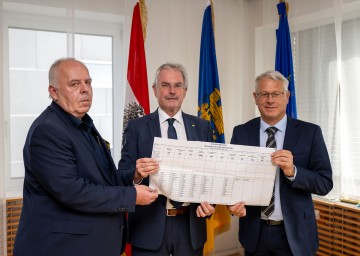 Der stellvertretende Landeswahlleiter Landtagspräsident Karl Wilfing (mitte) mit Peter Anerinhof (rechts; Leiter der Abteilung Wahlen im Amt der Landesregierung) und Joachim Weninger (Abteilung Wahlen im Amt der Landesregierung) mit einem Muster-Stimmzettel für die Nationalratswahl.