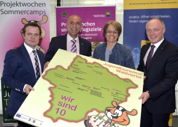 Mag. Andreas Schwarzinger, Geschäftsführer von Waldviertel Tourismus, Josef Schaden, Sprecher der ARGE Jugendtourismus, Landesrätin Dr. Petra Bohuslav und Mag. Helmut Miernicki, Geschäftsführer der ecoplus, präsentierten 10 Jahre ARGE Jugendtourismus Waldviertel (v.l.n.r.).