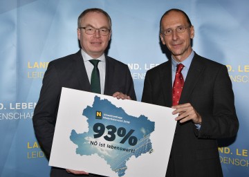 93 Prozent der Niederösterreicher beschreiben ihre Heimatregion als sehr oder eher lebenswert – LH-Stellvertreter Dr. Stephan Pernkopf präsentierte in St. Pölten gemeinsam mit Univ.-Prof. Dr. Peter Filzmaier die aktuelle Umweltumfrage Niederösterreich (v.l.n.r.)