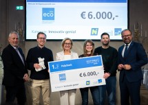 Das Gewinnerprojekt in der Kategorie „Innovativ genial“, PulpStack: (v.l.) riz up Prokurist Michael Dochter, Georg Feiler, Landeshauptfrau Johanna Mikl-Leitner, Birgit Schlager, Harald Schürz und ecoplus Prokurist Bernhard Ebner.