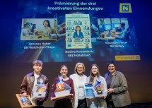 Auszeichnung für kreative KI-generierte Einsendungen der Lehrlinge. Im Bild Alexander Hauer von der BH Baden, Vanessa Huber von der BH Waidhofen an der Thaya, Landeshauptfrau Johanna Mikl-Leitner, Nadine Kowanitsch vom SBZ Hollabrunn und Verena Krammer, Personalchefin des Amtes der NÖ Landesregierung (von links).