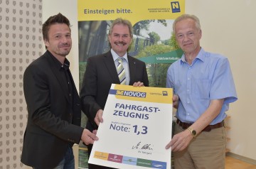 Die Ergebnisse der Fahrgastbefragung präsentierten MANOVA-Geschäftsführer Klaus Grabler, Verkehrs-Landesrat Mag. Karl Wilfing und NÖVOG-Geschäftsführer Dr. Gerhard Stindl. (v.l.n.r.)