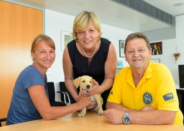 Karin Kuhn (Geschäftsführende Obfrau) und Anton Endsdorfer (Obmann) von den Rettungshunden NÖ mit Nachwuchs-Rettungshund zu Besuch bei Landesrätin Barbara Schwarz.