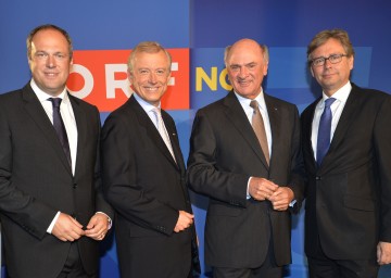 45 Jahre Landesstudio des ORF NÖ: Mag. Richard Grasl (Käufmännischer Direktor ORF), Prof. Norbert Gollinger (Landesdirektor NÖ), Landeshauptmann Dr. Erwin Pröll und Dr. Alexander Wrabetz (v. l. n. r.).