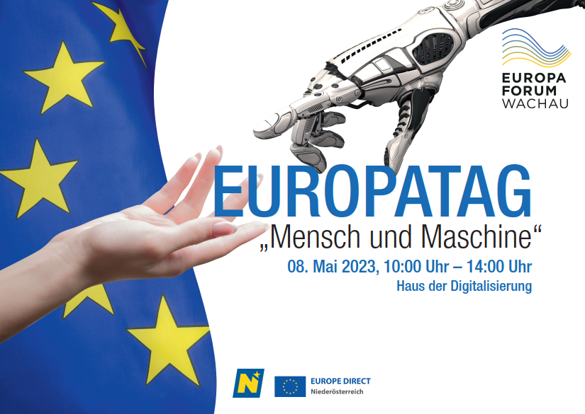 Sujet Europatag 2023 - Arm eine Roboters trifft sich mit Arm einen Menschen vor EU-Fahne
