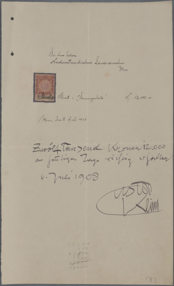 Rechnung auf der Gustav Klimt den Erhalt von 12.000 Kronen bestätigt.