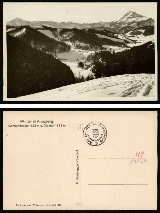 Vorder und Rückseite der Ansichtskarte von Wilhelm Wagner, Winter in Annaberg 1929