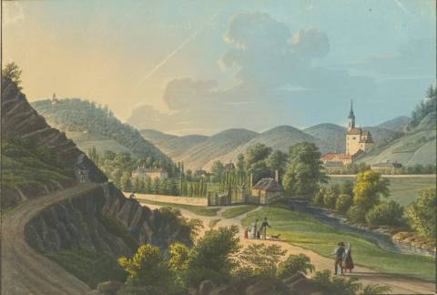 Kolorierte Federlithografie aus: Trentsenskys „Wiens Mahler[ischen] Umgebungen“