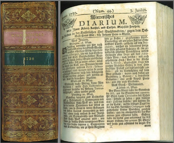 Wiener Zeitung (Wienerisches Diarium), Buchrücken und Titelseite 3. Juni 1730 