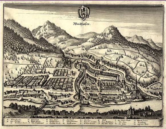 Waidhofen/Ybbs, Kupferstich von Matthäus Merian dem Älteren, 1649